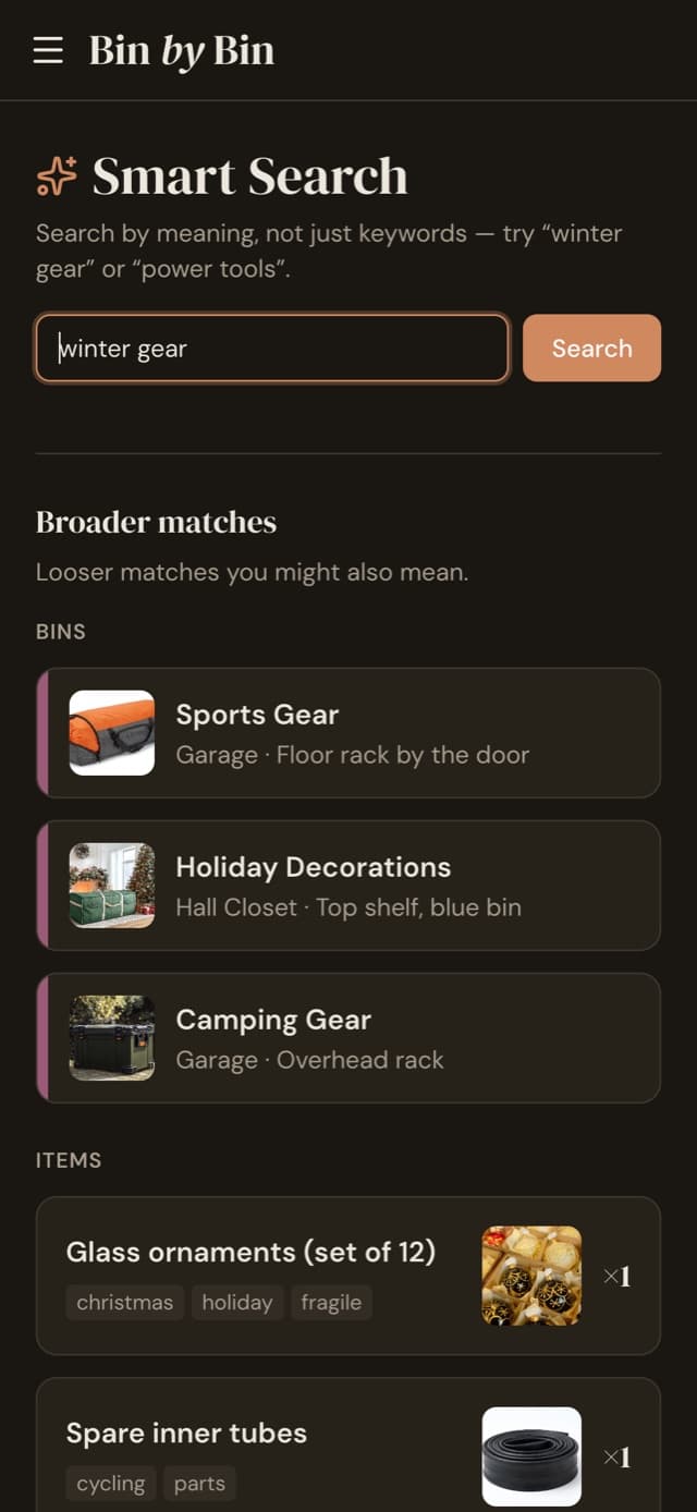 Smart Search in Bin by Bin: searching “winter gear” surfaces camping and holiday bins by meaning.
