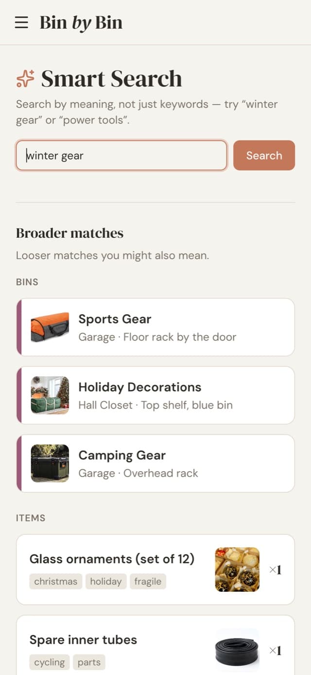 Smart Search in Bin by Bin: searching “winter gear” surfaces camping and holiday bins by meaning.